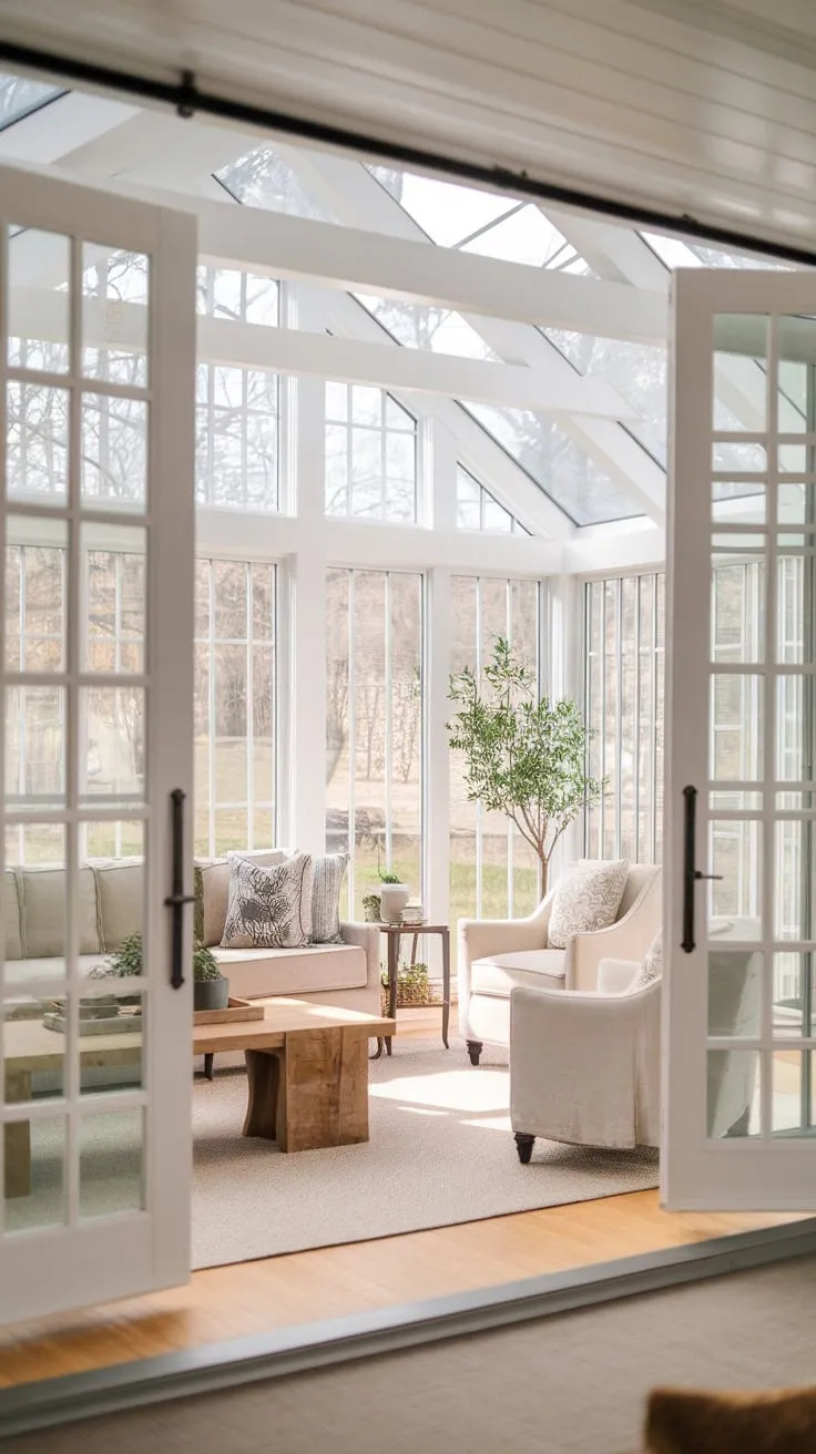 Sunlight streams in, illuminating the perfect blend of comfort and style in this sunroom's thoughtfully chosen furniture.