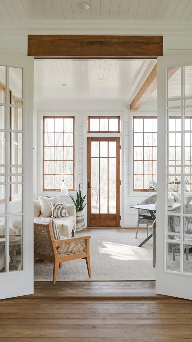 Modern farmhouse sunroom style: where sunlight meets stylish seating.