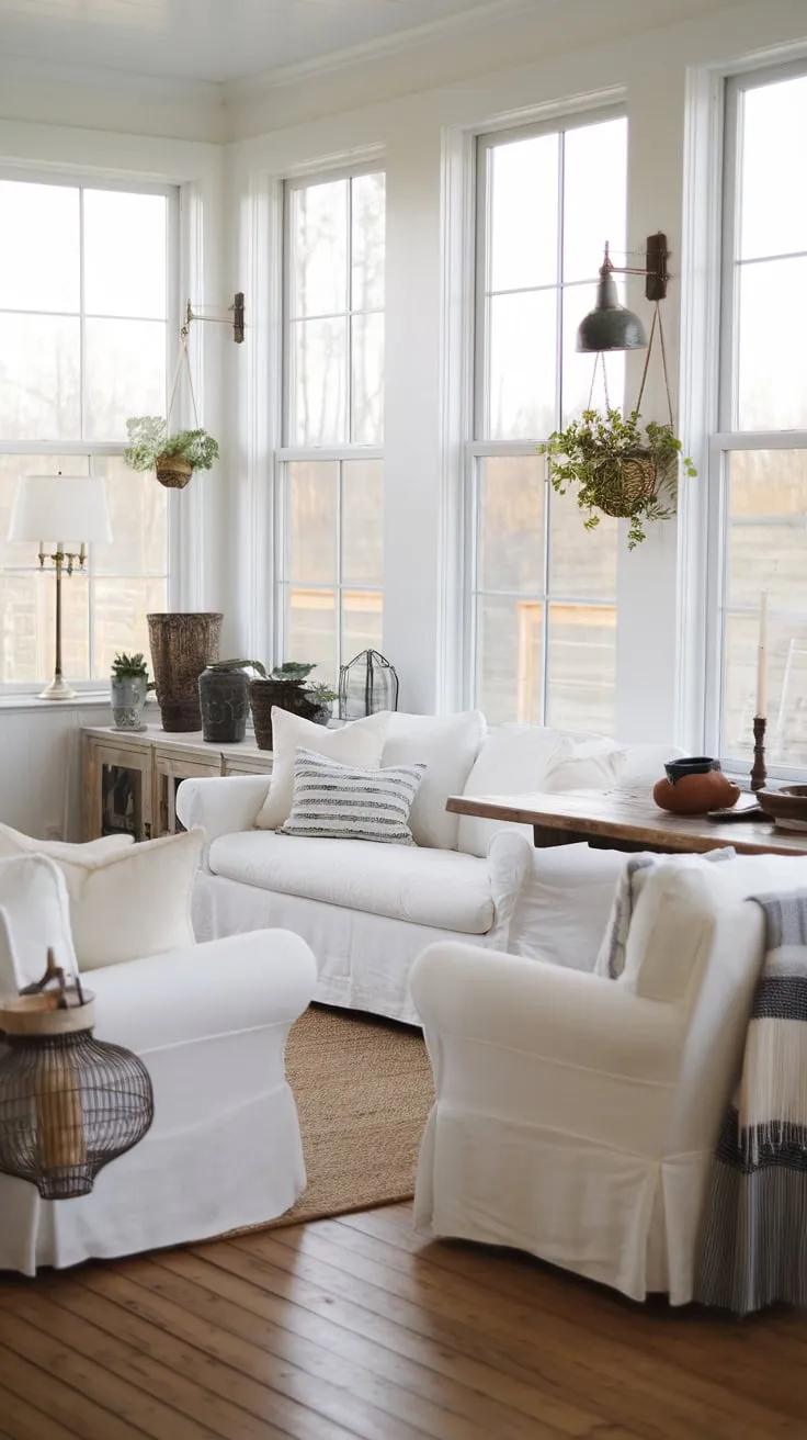 Sun-drenched serenity:  White farmhouse furniture finds its perfect home.