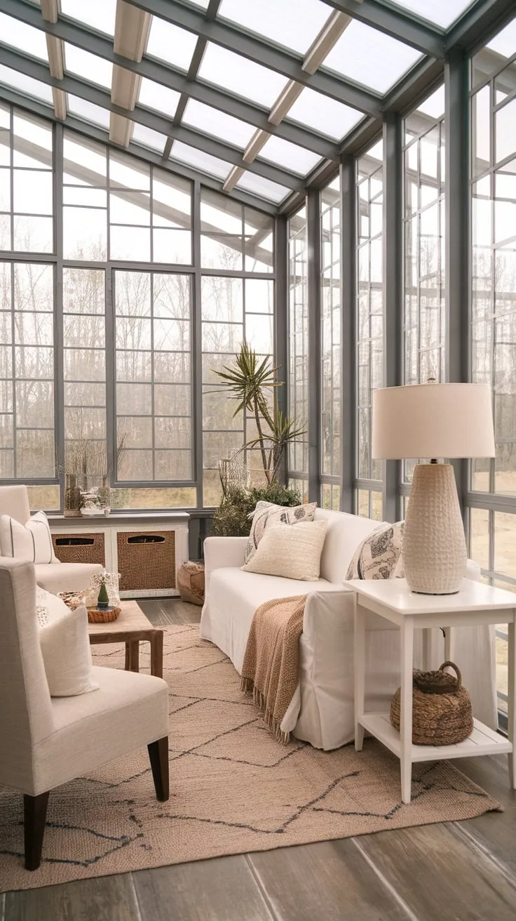 Modern farmhouse meets sun-drenched serenity:  sunroom furniture that invites relaxation and warmth.