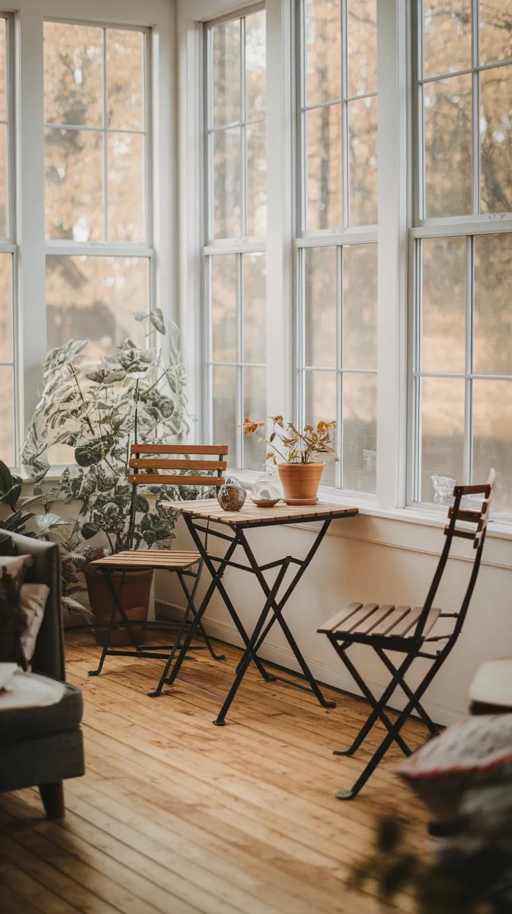 Soft light dances on wood, creating a sunroom sanctuary.