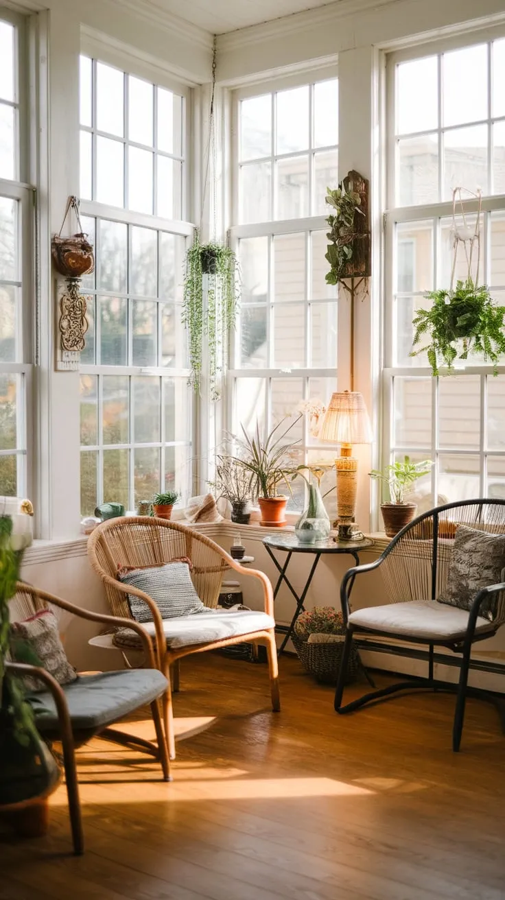 Sunlight streams in, painting the sunroom in golden hues, perfectly complemented by the warm glow of the lamp.