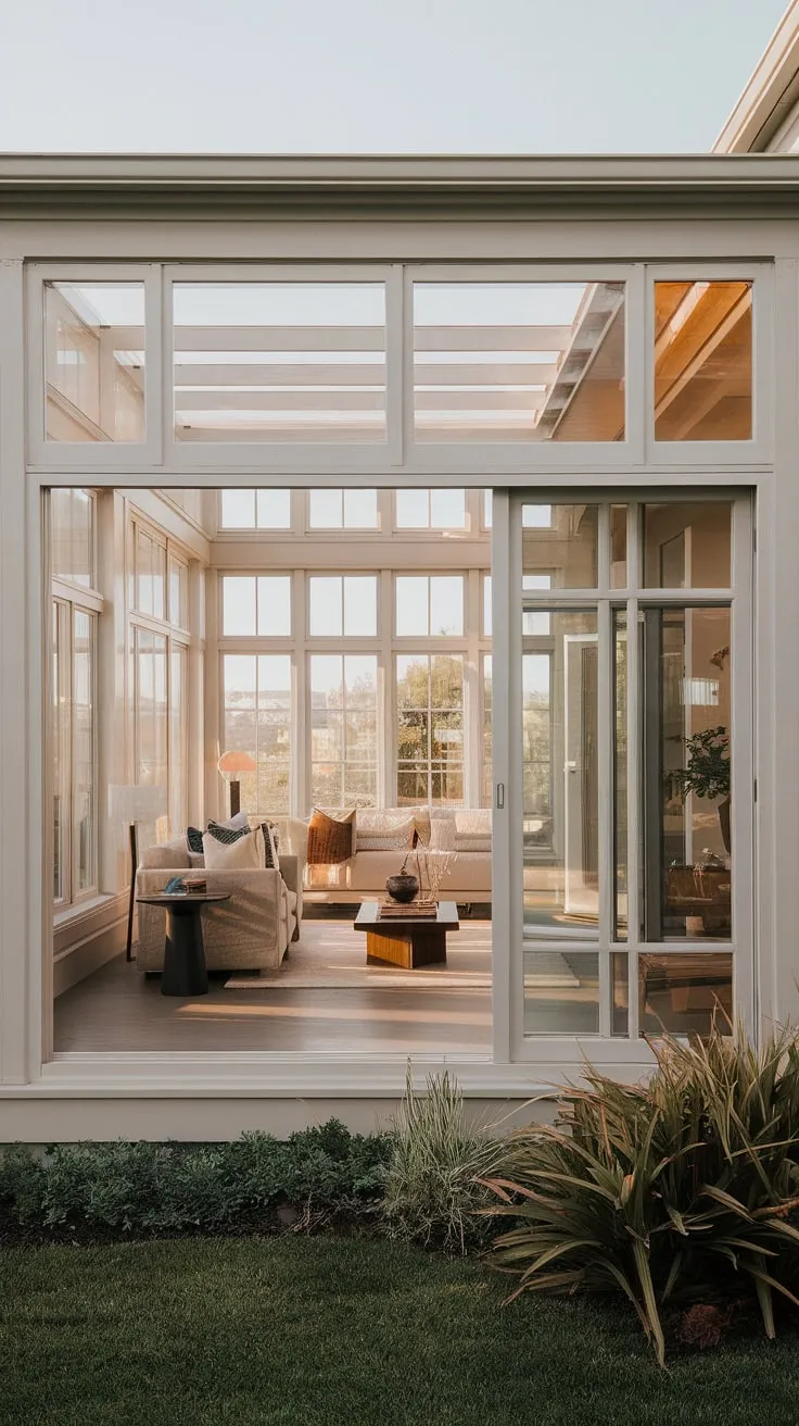 Sunroom serenity seamlessly flows into living room bliss.