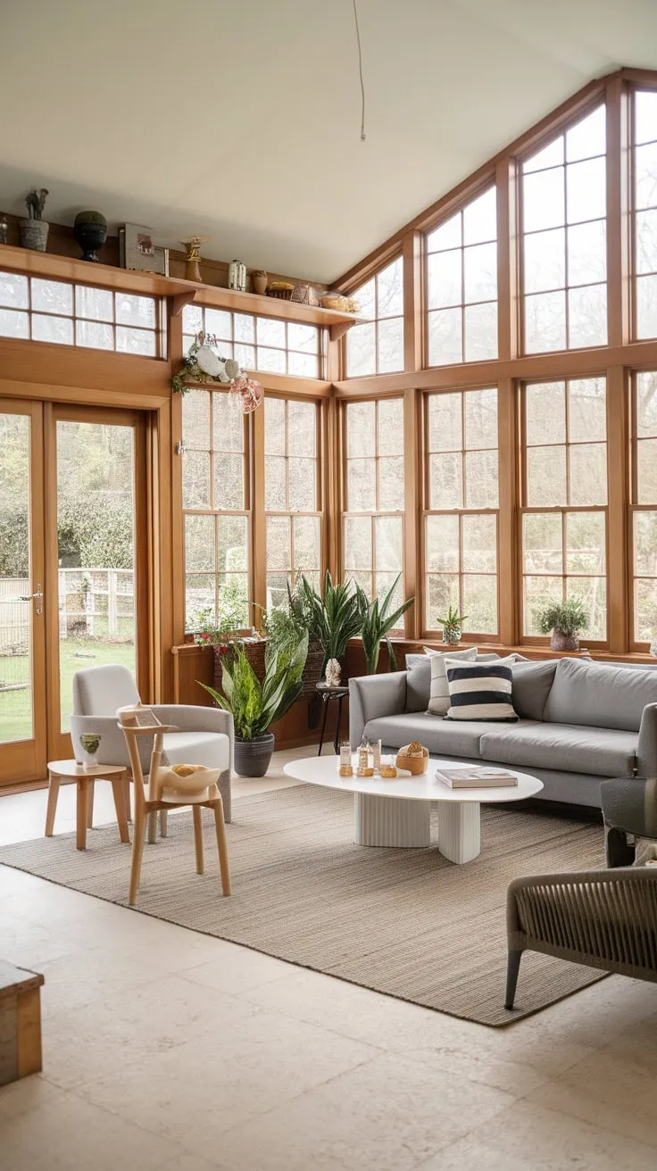 Sunroom serenity seamlessly flows into cozy living room bliss.