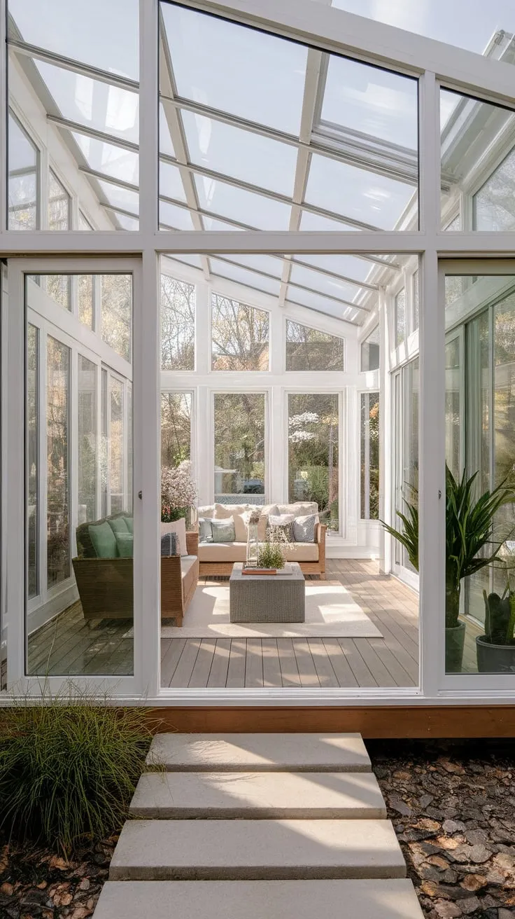 Sunlight streams from sunroom to living room, blurring the lines between indoors and out.