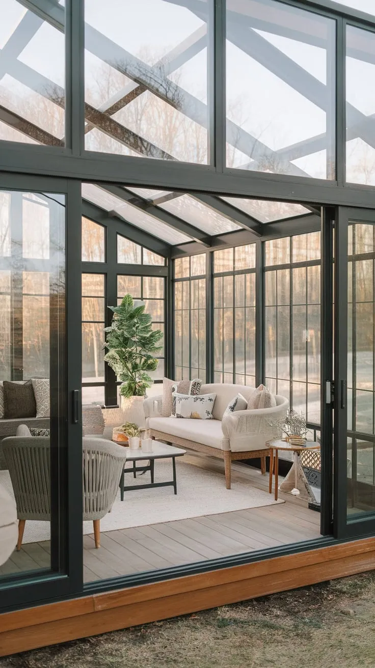 Sunroom serenity seamlessly flows into living room luxury.