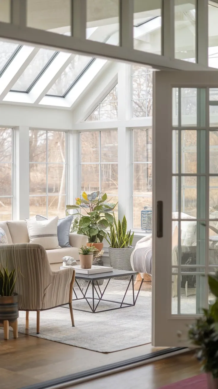 Sunshine streams into living room bliss, seamlessly extended by a sunroom sanctuary.