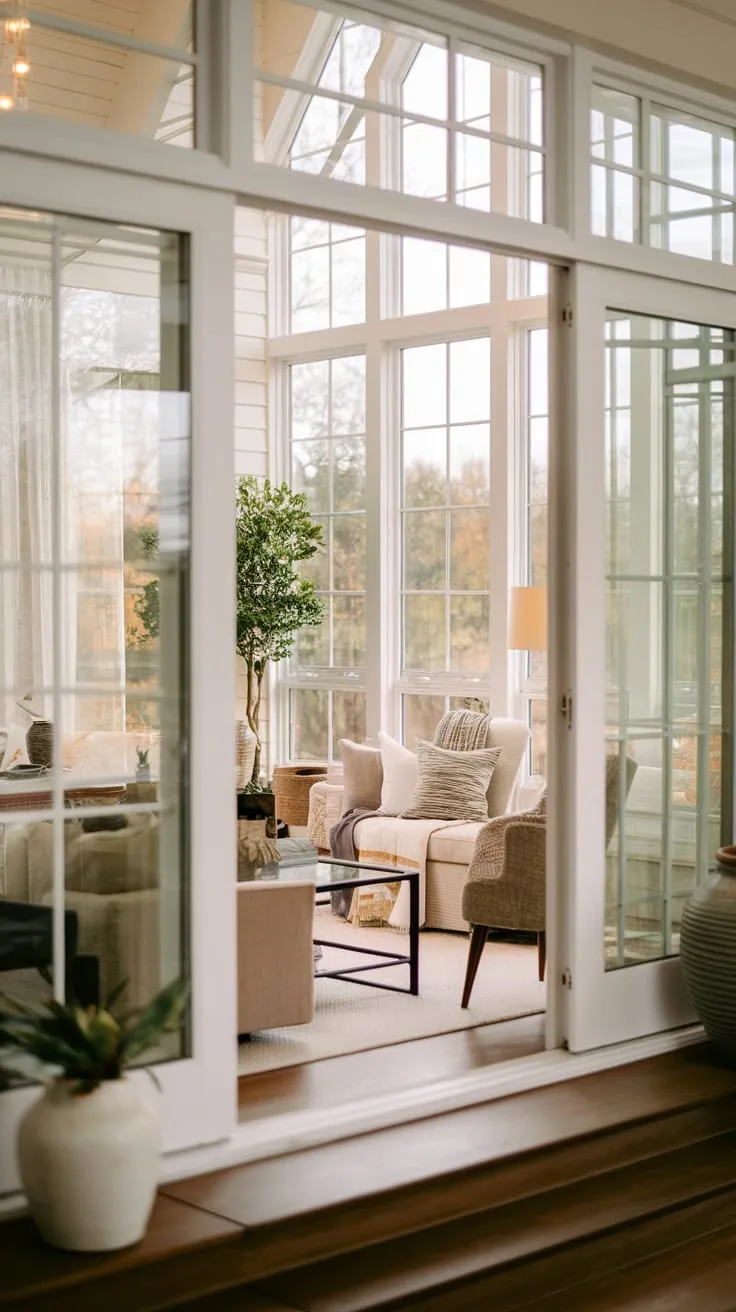 Sunroom serenity seamlessly flows into living room bliss.