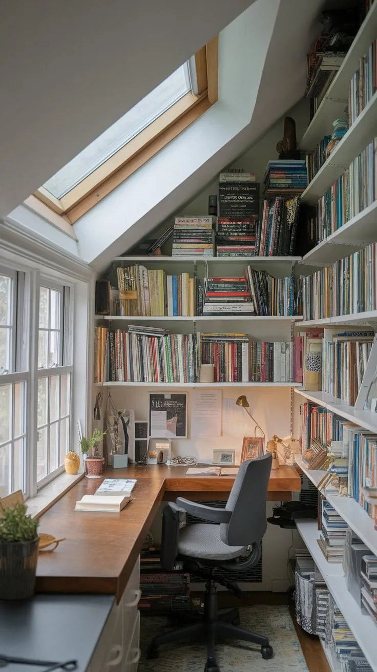 Skylight dreams &#038; book-lined bliss: my cozy corner office.