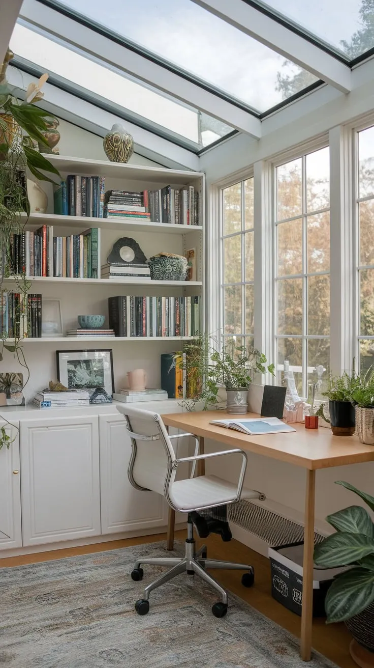 Maximize sunlight and style in your mini sunroom office.