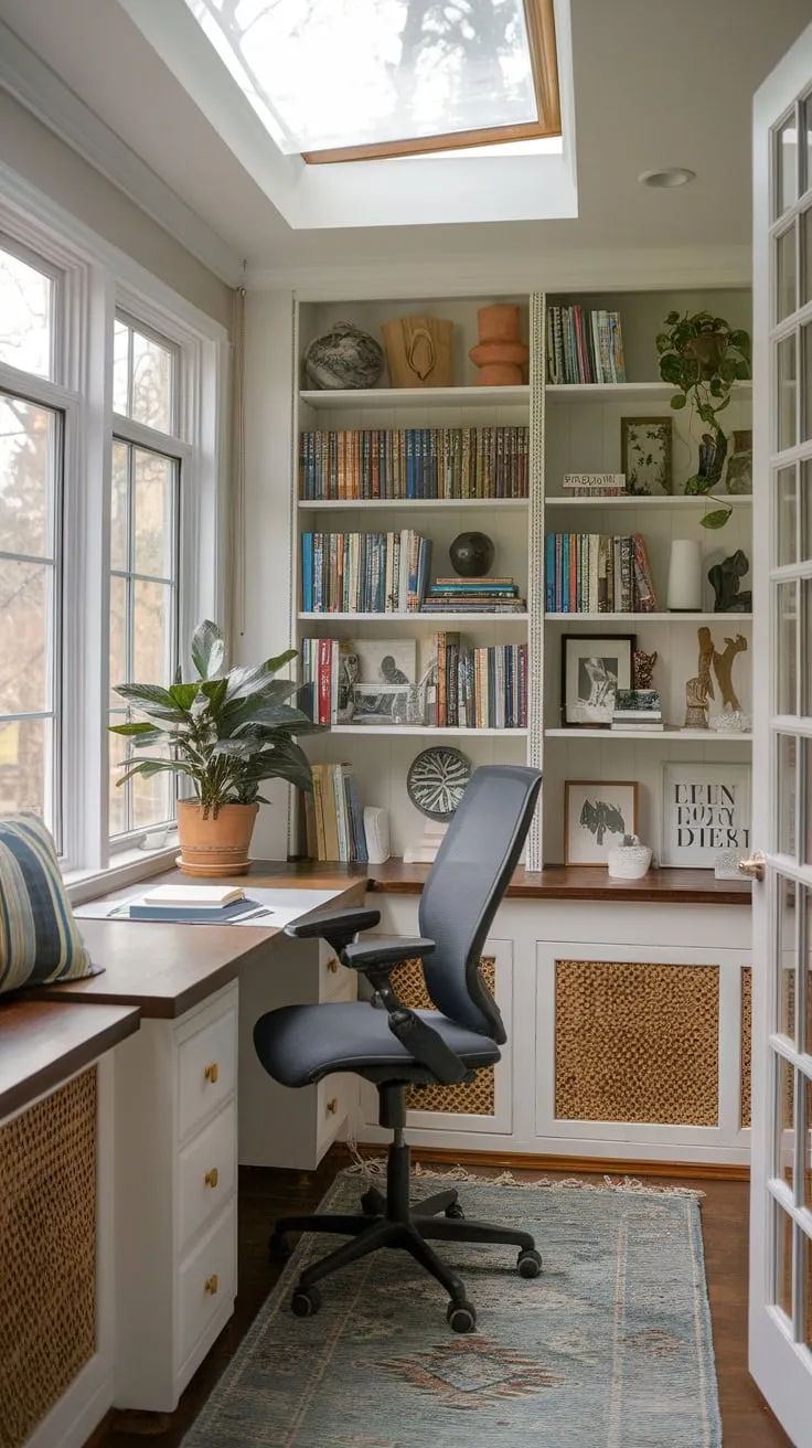 Sunshine, books, and productivity: small space sunroom office goals.