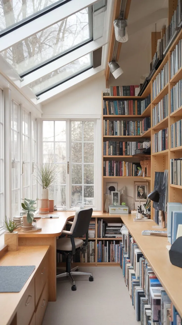 Sunroom office goals: maximizing light and book-filled bliss in a small space.