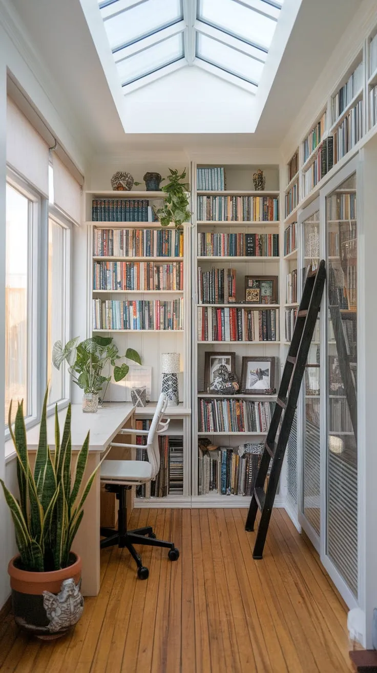 Skylight dreams and bookish schemes: compact office inspiration.