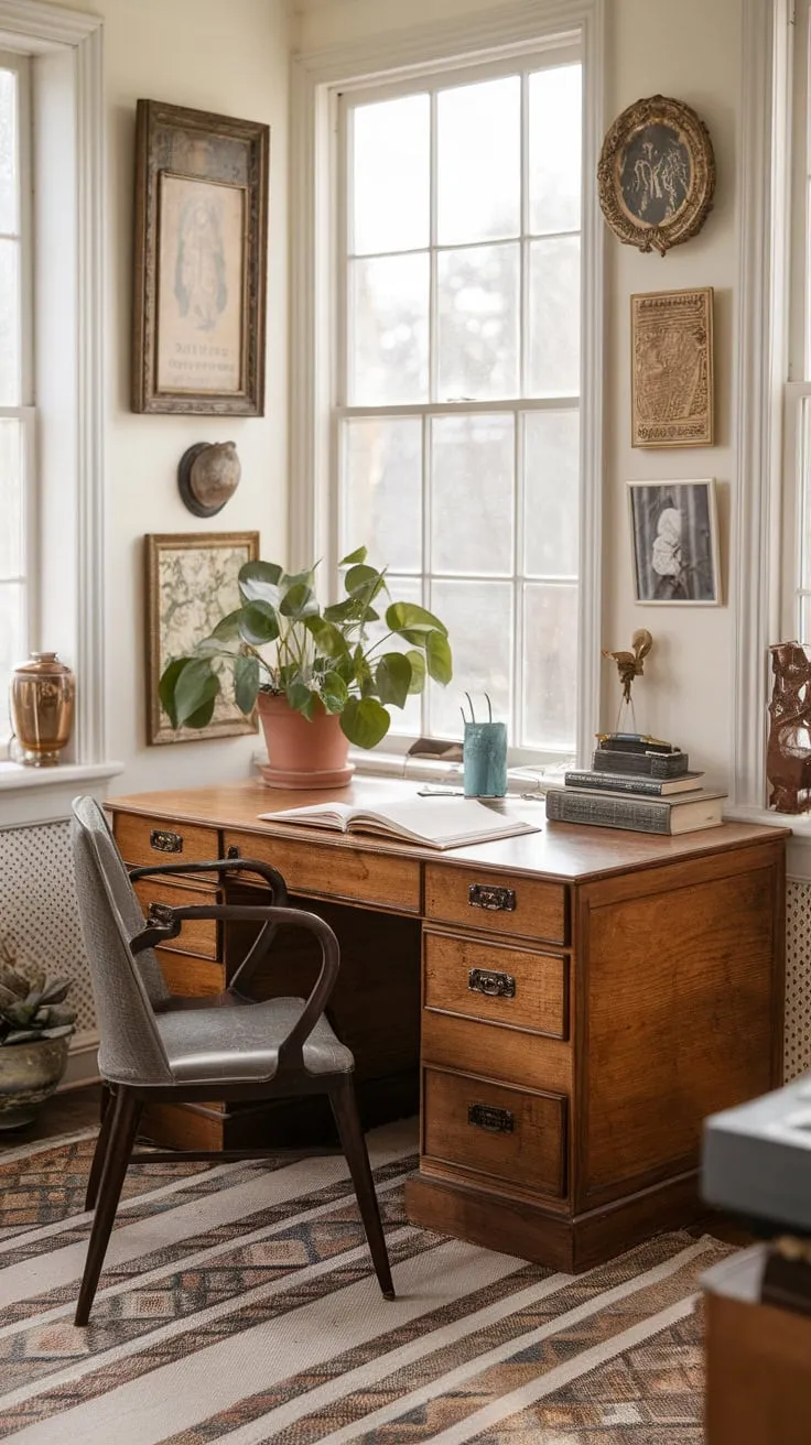 Vintage vibes and workday bliss in my sun-drenched office.