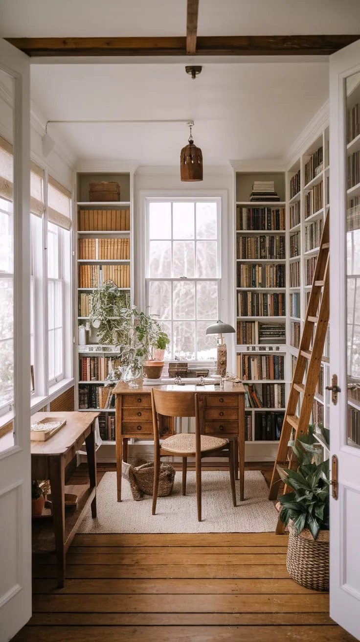 Vintage charm meets modern productivity in this sunroom sanctuary.