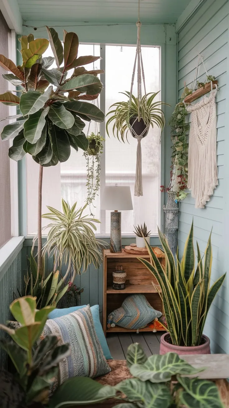 Sunroom serenity: where plants thrive and bohemian vibes unwind.