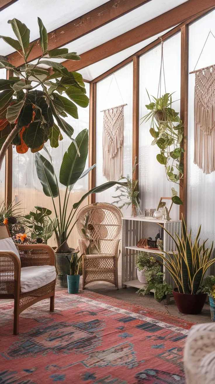 Sunroom serenity: where plants thrive and bohemian dreams take root.