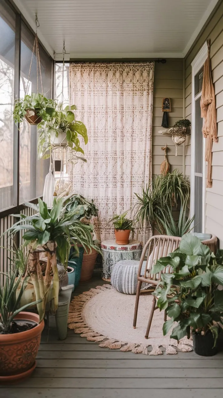 Sunroom serenity: where plants thrive and bohemian vibes unwind.