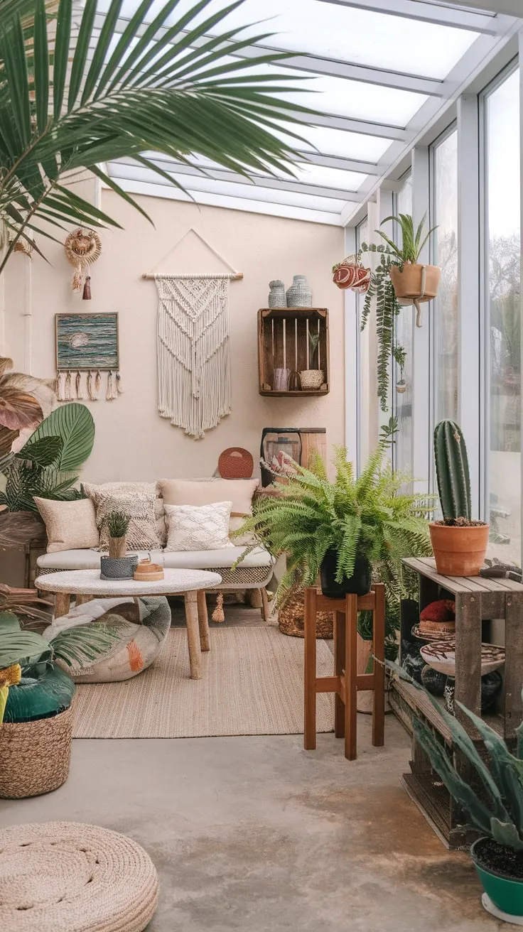 Sunroom serenity: where plants thrive and bohemian vibes bloom.