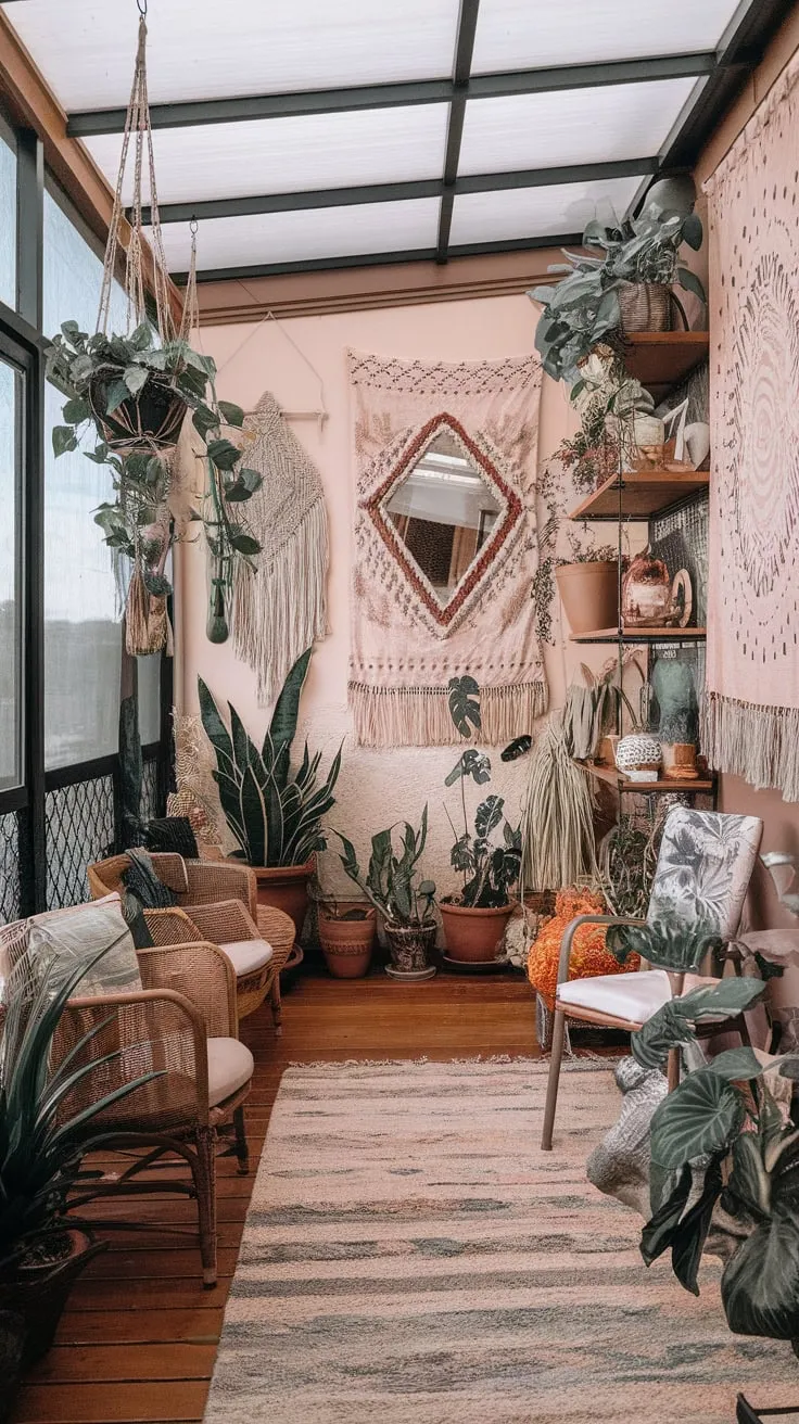 A sunroom symphony: plants, patterns, and peaceful vibes.