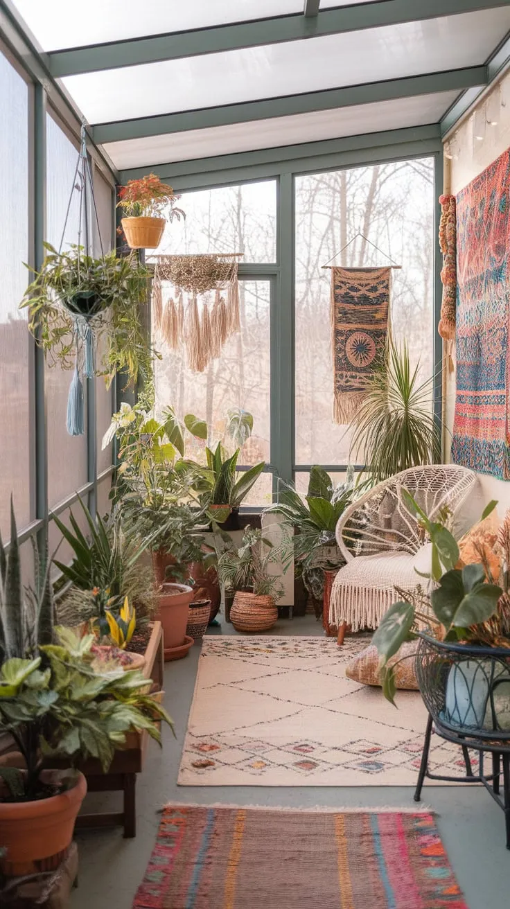 Sunroom serenity: where plants thrive and bohemian dreams bloom.