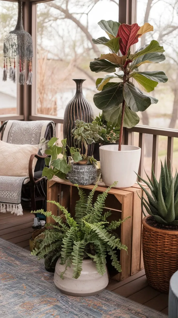 Fiddle-leaf dreams and sun-kissed ferns in my bohemian haven.