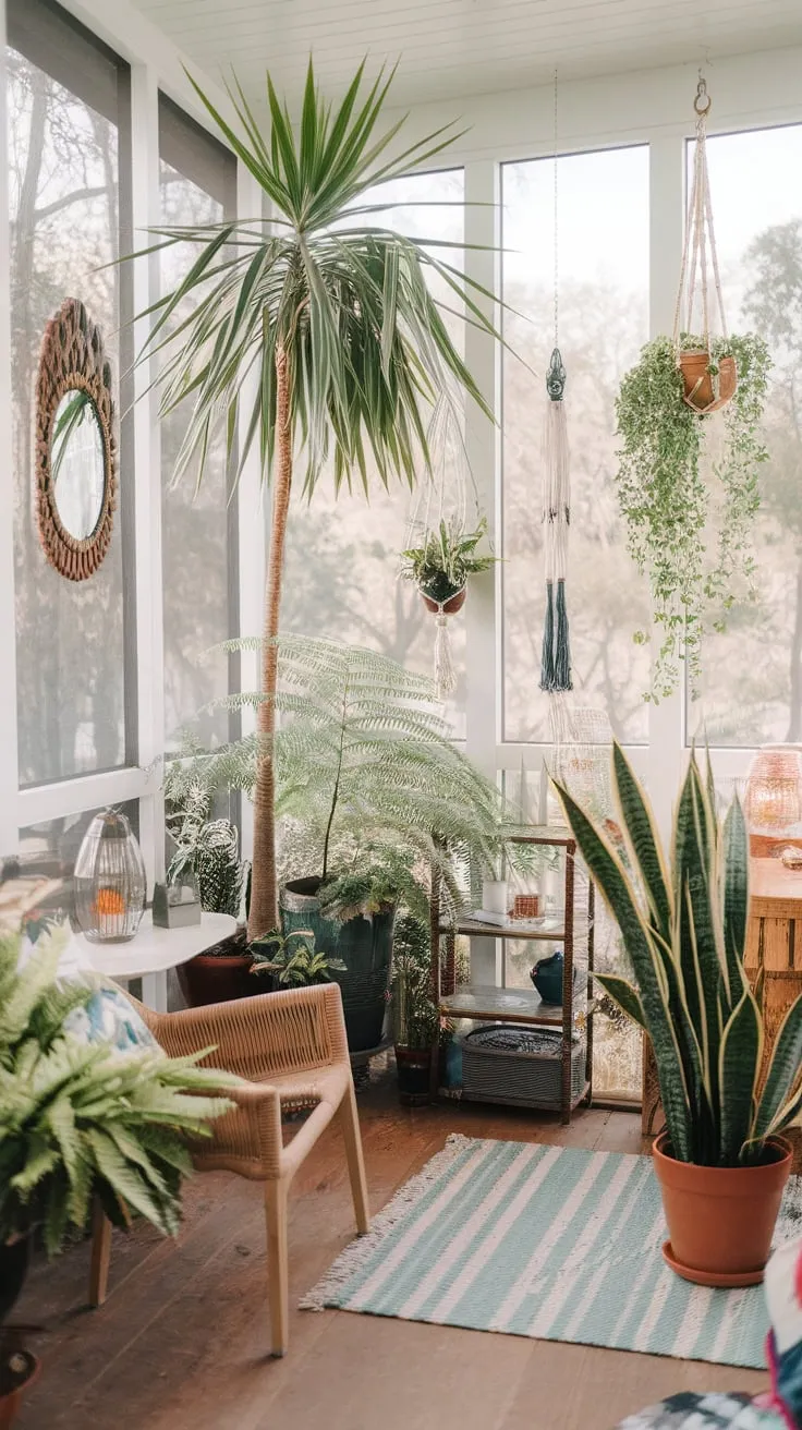 A sunroom symphony: lush greenery harmonizing with sunlight and style.