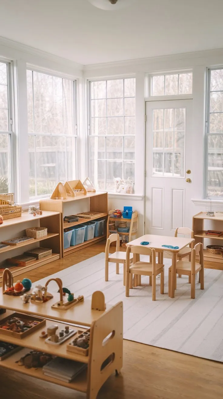 A sunroom transformed: natural light fuels imaginative play in this calming Montessori haven.