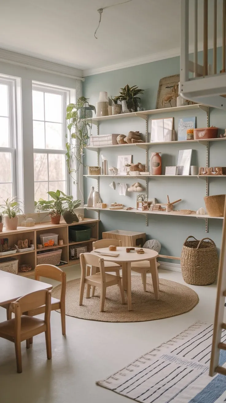 Sunshine streams into this Montessori sunroom playroom, where learning blossoms.
