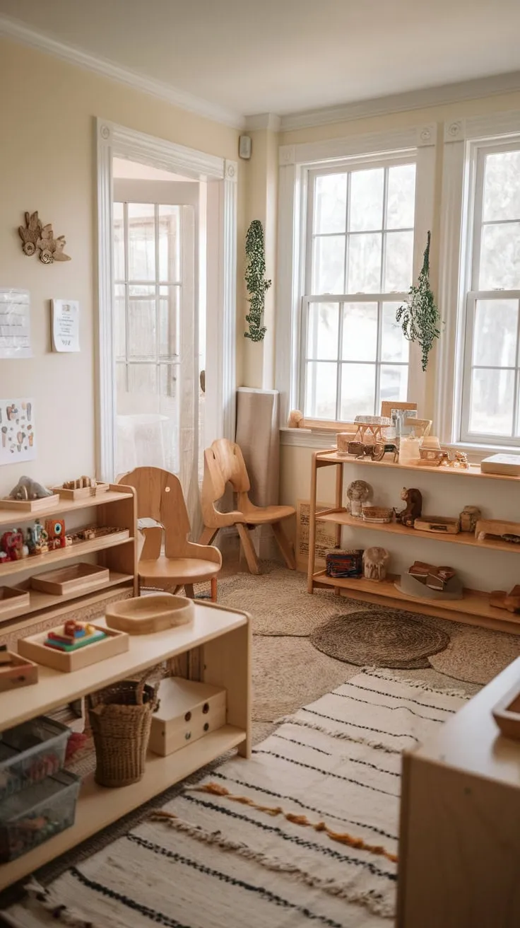 Sunshine and learning collide in this sun-drenched Montessori playroom.