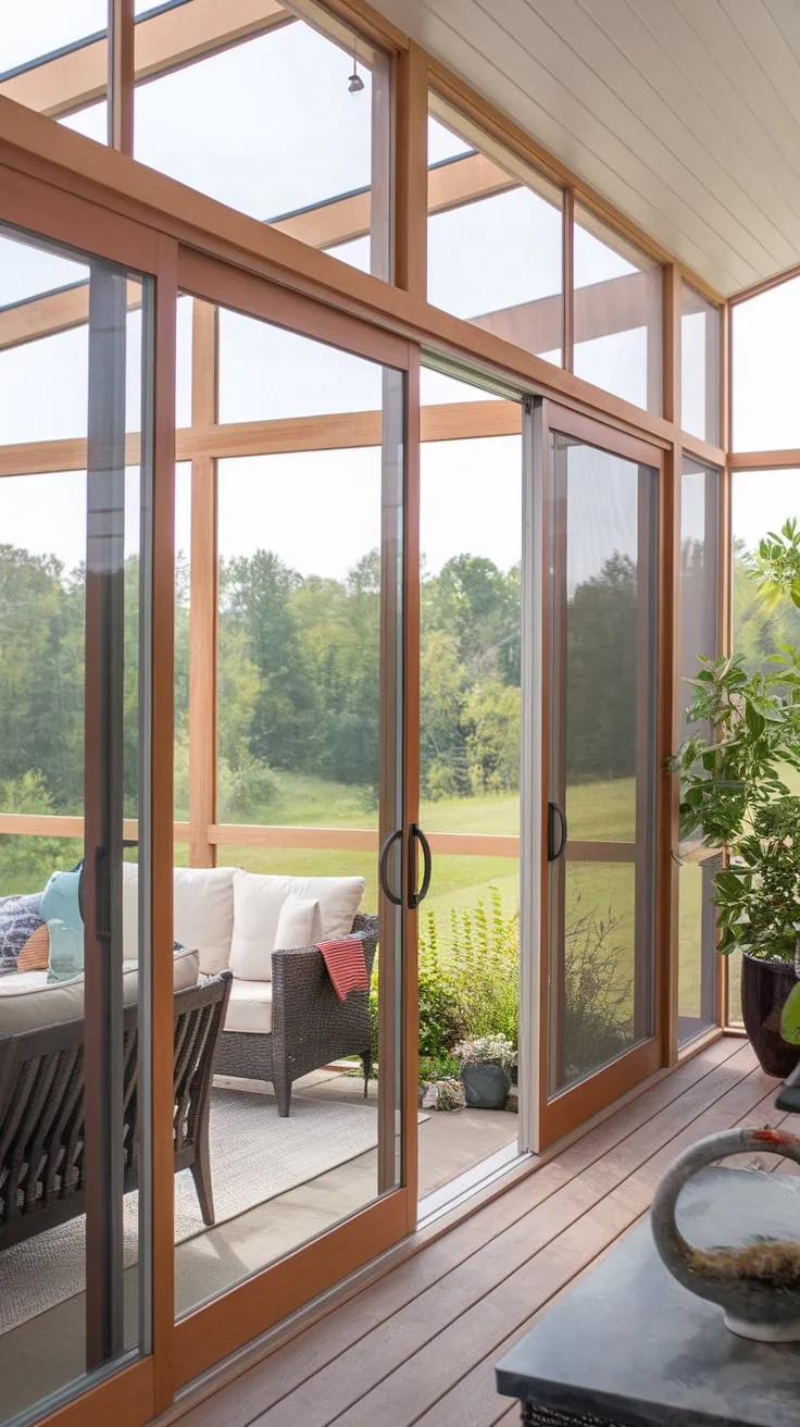 From screened-in porch to sun-drenched sanctuary:  sliding glass doors frame nature's masterpiece.