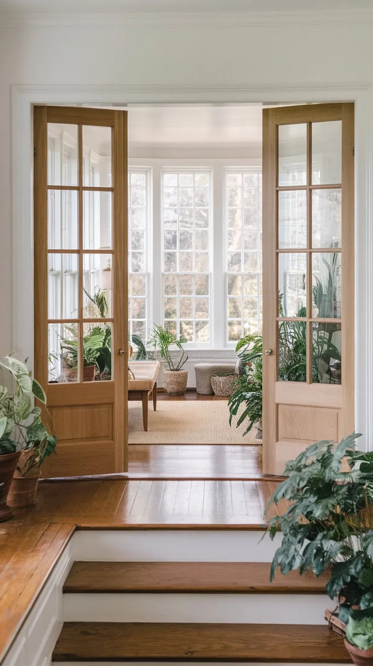 Sunlight streams through glass, transforming this sunroom porch into a verdant escape.