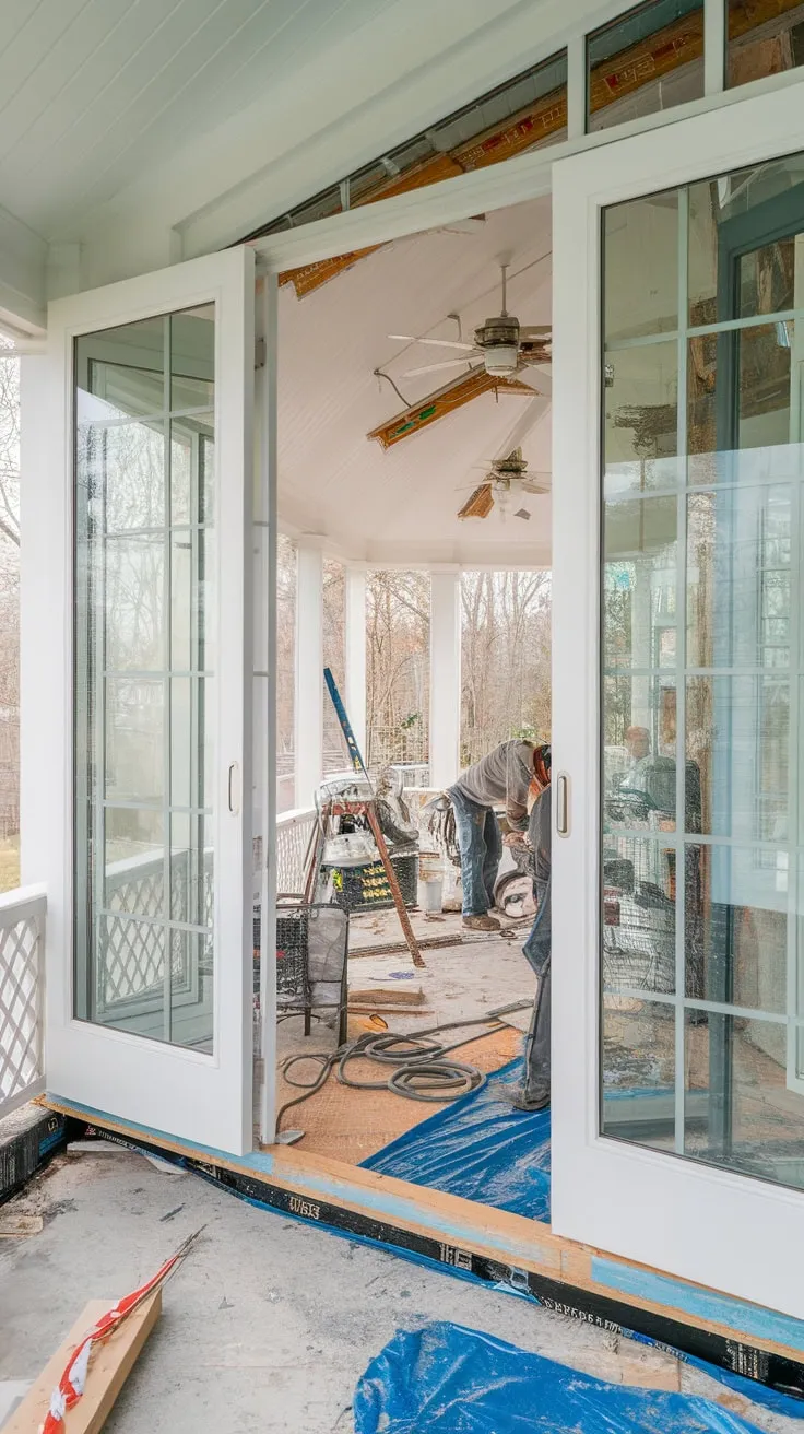 Goodbye porch, hello sunroom:  concrete floors and sunshine await.
