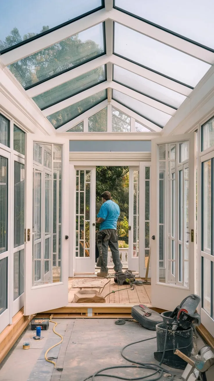 From porch to paradise: sunroom transformation in progress.