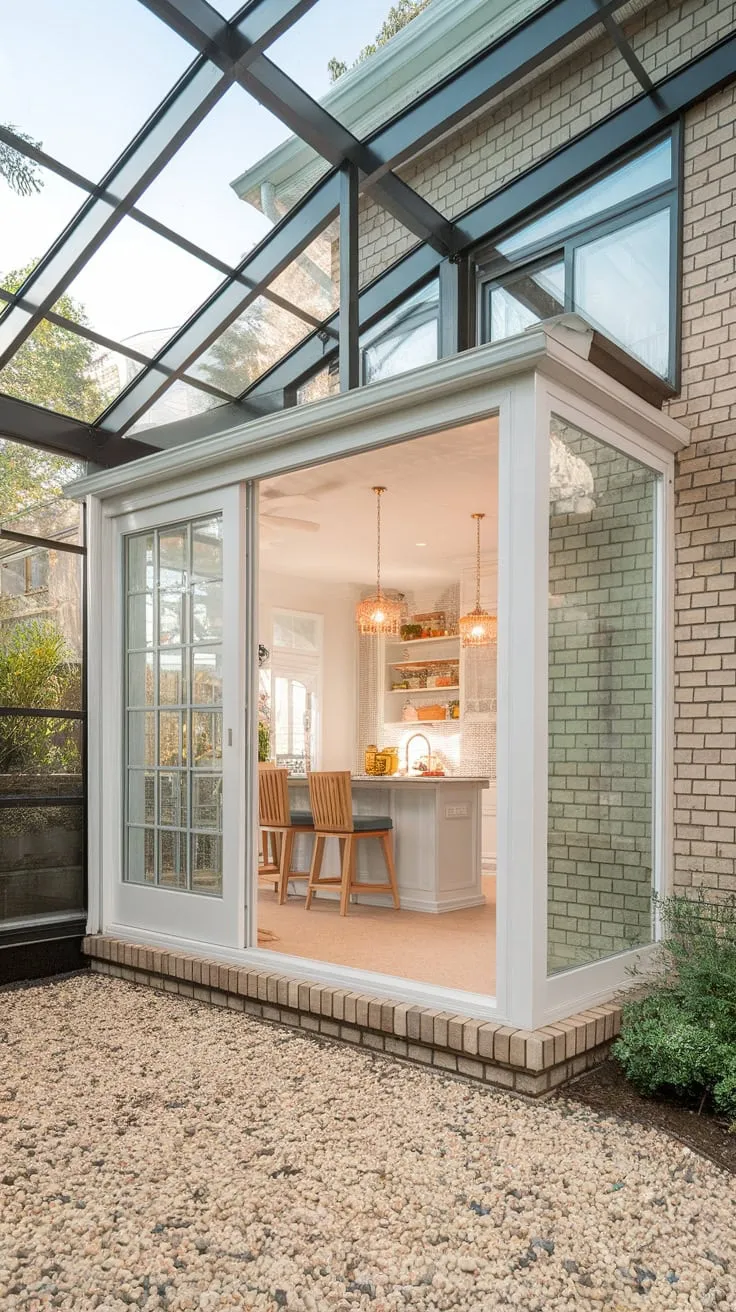 From porch to paradise: sunroom windows bathe this pebble-paved kitchen in natural light.