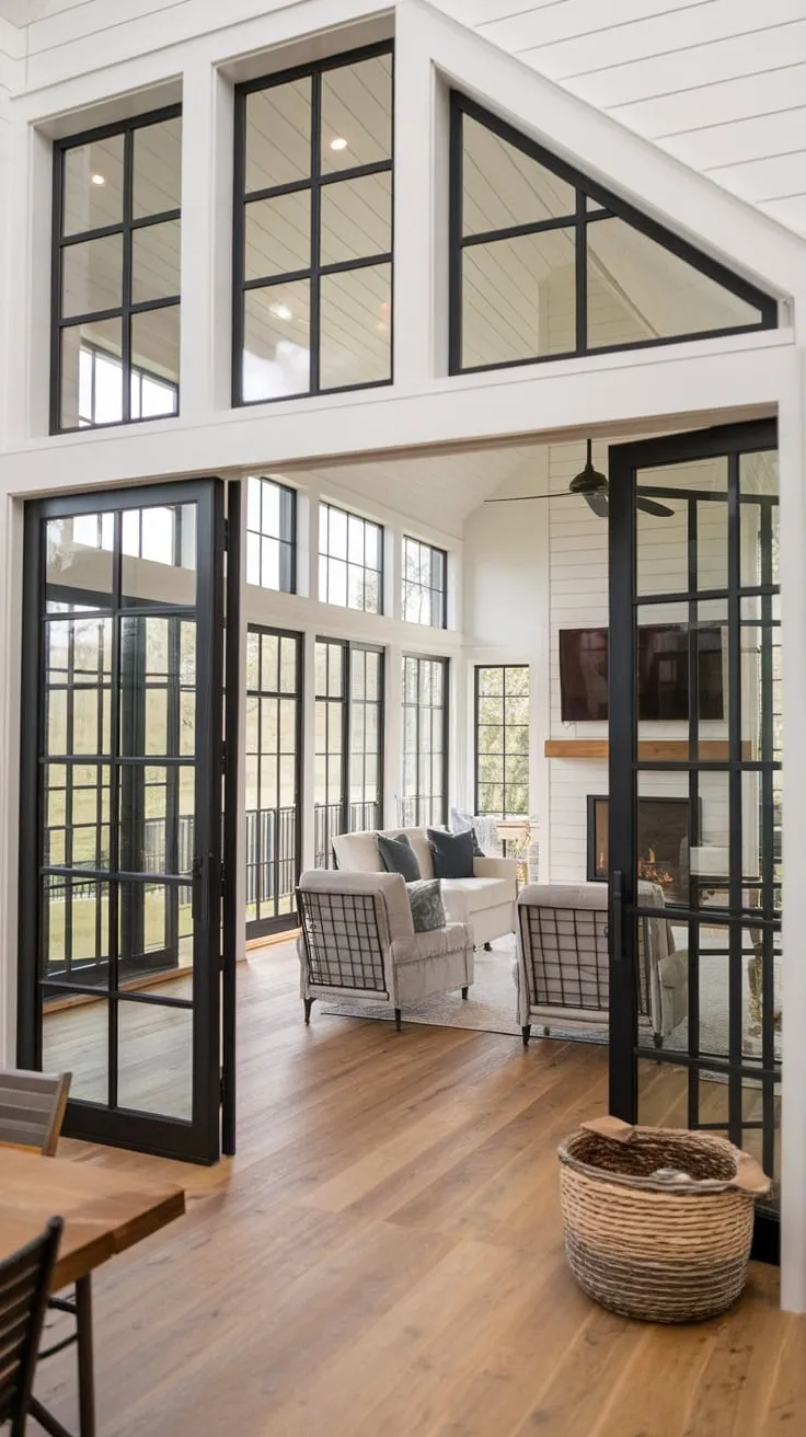Four-season comfort: fireplace, sun, and screen porch perfection.