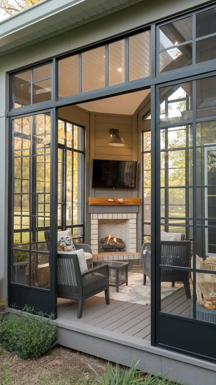 Sunroom perfection: fireplace warmth meets open-air views.