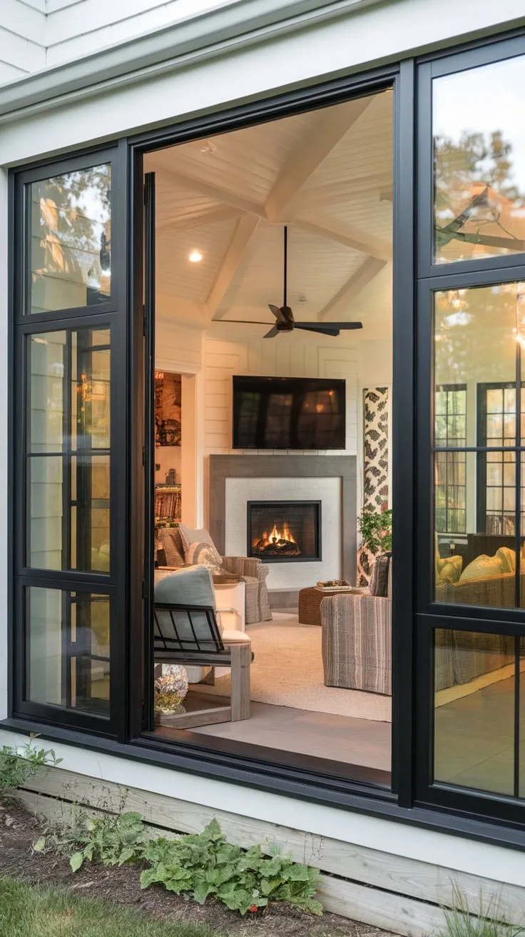 Sunroom bliss: fireplace warmth meets four-season views.