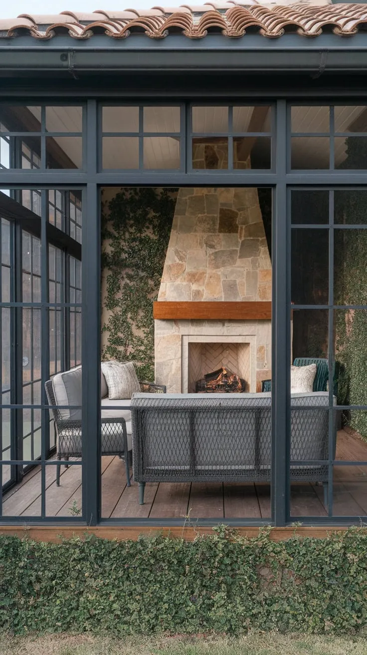 Stone fireplace, leafy walls, pure sunroom bliss.