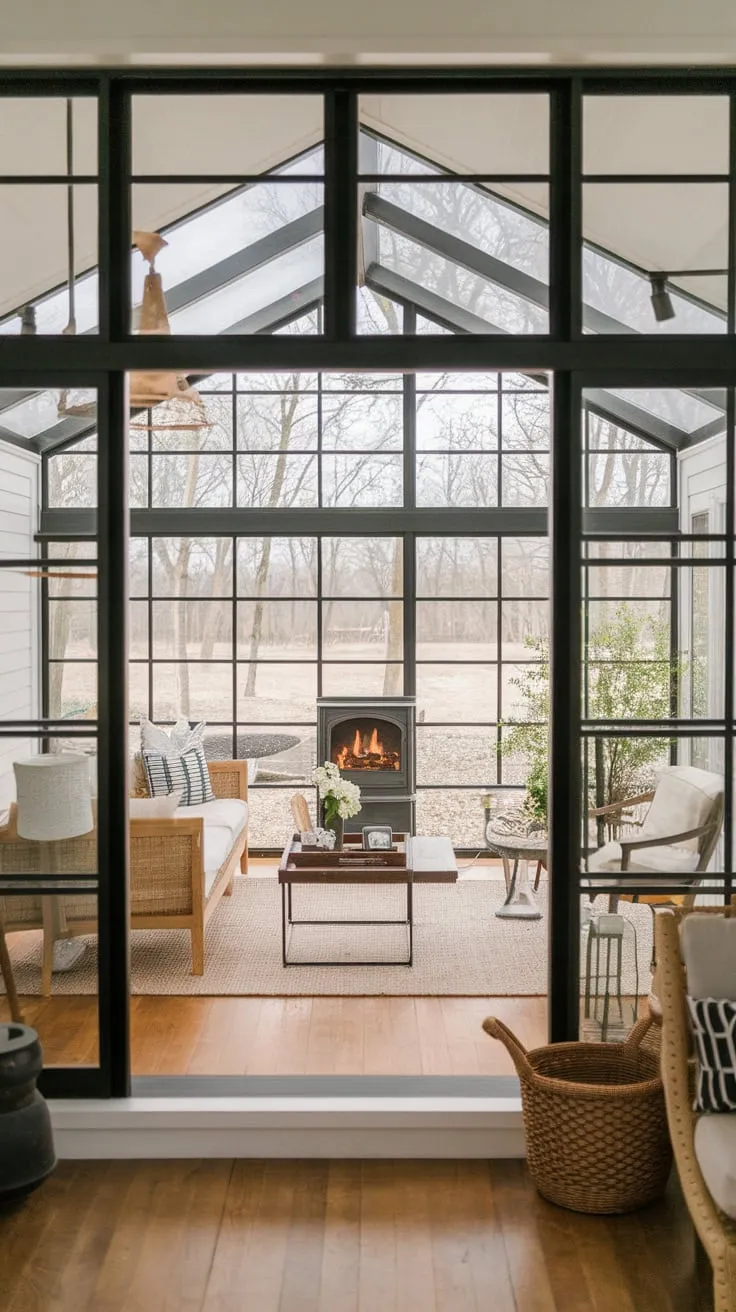 Cozy up by the fireplace in our sunroom, where four seasons blend seamlessly.