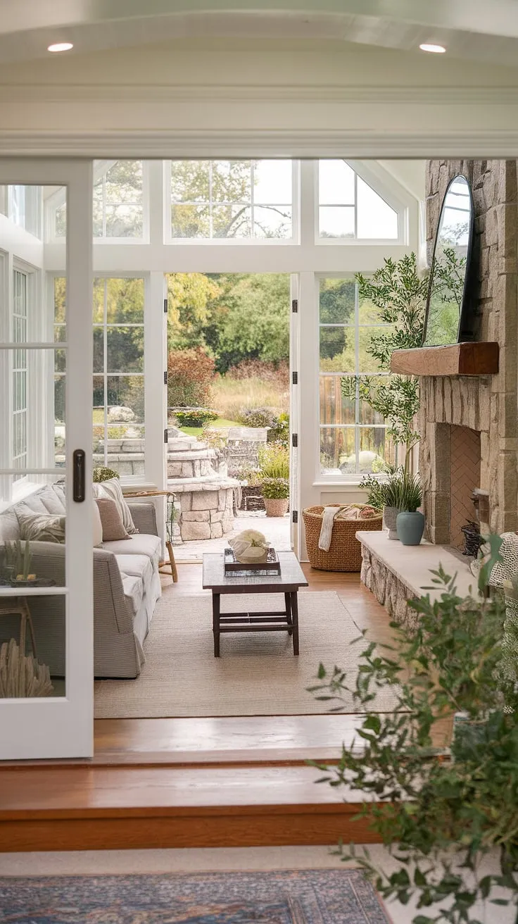 Escape to tranquility in this cozy sunroom, where the warmth of the sunroom fireplace complements the inviting glow of the outdoor fireplace.  The seamless indoor-outdoor living, enhanced by thoughtful sunroom design and decor, creates a haven of relaxation.  Note the stunning fireplace design, a key sunroom feature providing effective sunroom heating.  The backyard fireplace extends the ambiance, completing this idyllic retreat.