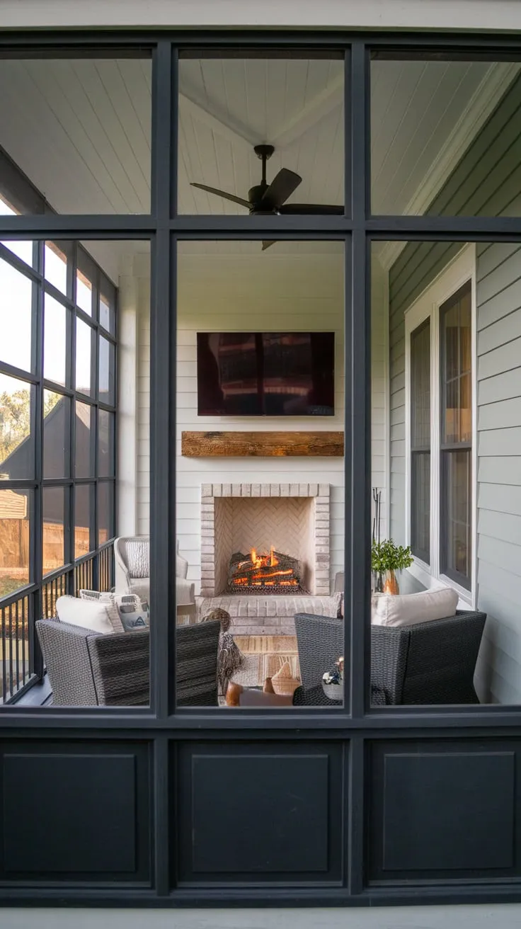 Cozy nights and crackling fires await in this farmhouse sunroom.