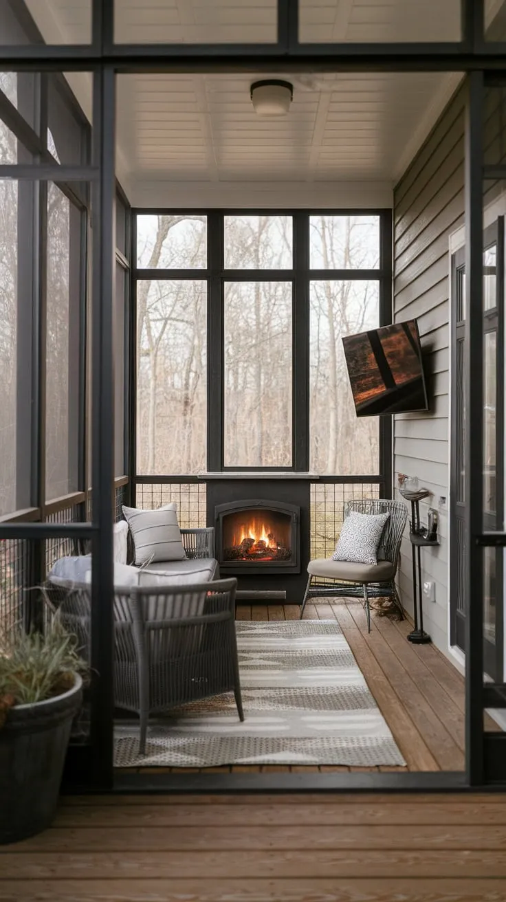 My sunroom sanctuary: fireplace, screens, and endless relaxation.
