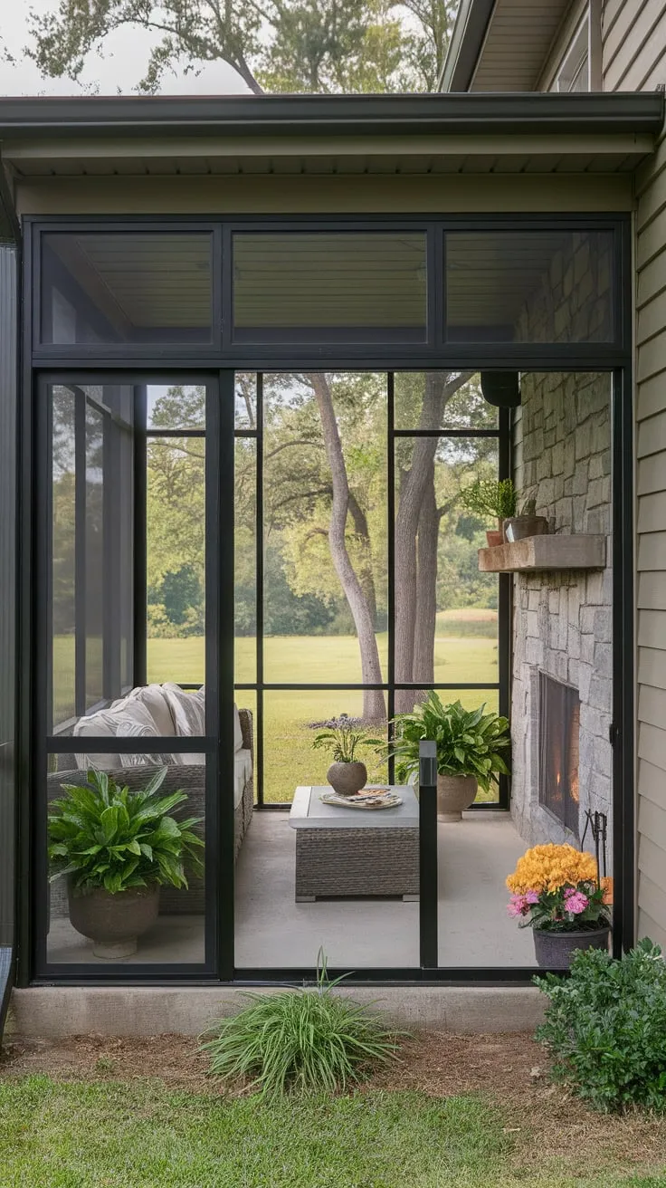 Cozy sunroom vibes, fireplace warmth, and nature's embrace.