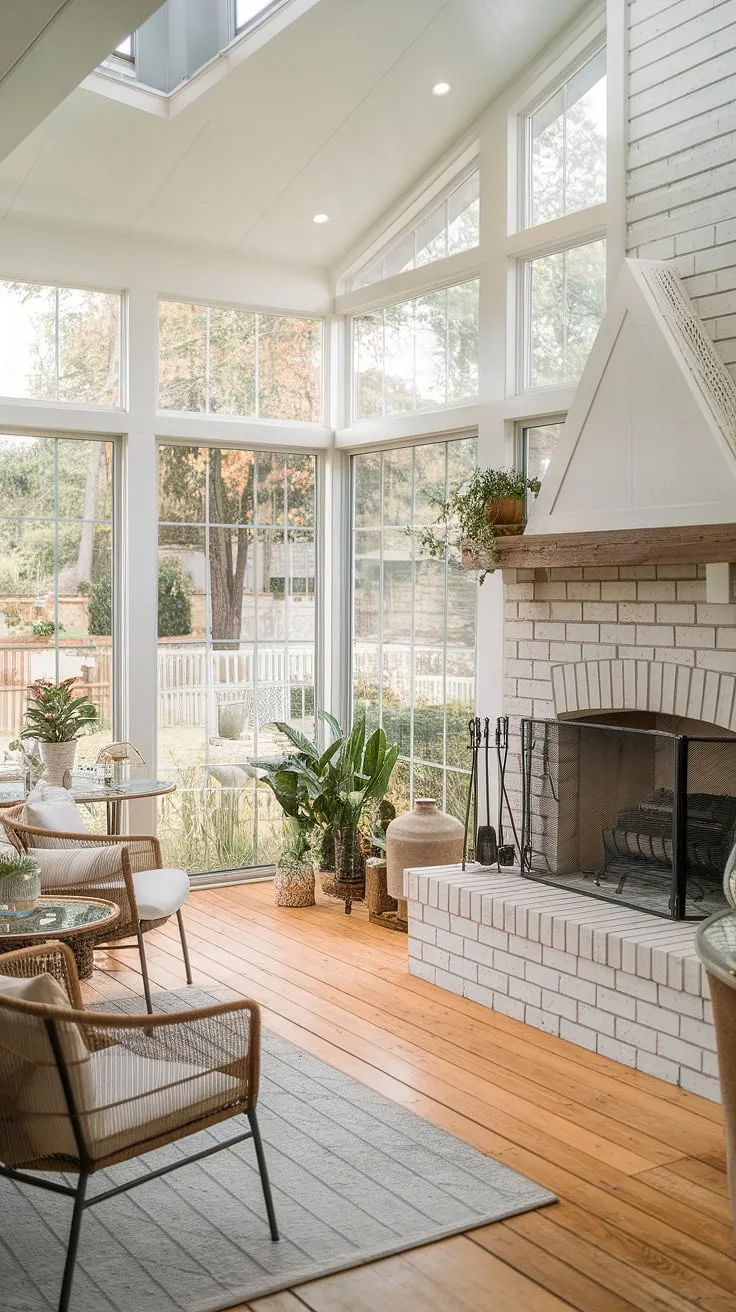 Bathed in sunlight, this cozy sunroom boasts a stunning fireplace design, seamlessly blending indoor-outdoor living.  The sunroom fireplace, with its brick surround and wooden mantel, provides sunroom heating and a focal point for relaxation, while large windows offer breathtaking backyard views.  This sunroom features thoughtful sunroom decor and exemplifies the perfect balance of sunroom design and outdoor fireplace ambiance.