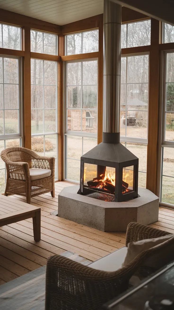 Imagine crisp autumn evenings spent in this idyllic sunroom, the crackling fire from the sunroom fireplace casting a warm glow on the wooden floors. This stunning sunroom design showcases a unique outdoor fireplace, a remarkable sunroom feature that extends the living space into the backyard.  The fireplace design is both functional, offering sunroom heating, and aesthetically pleasing, complementing the overall sunroom decor and creating the ultimate indoor-outdoor living experience.