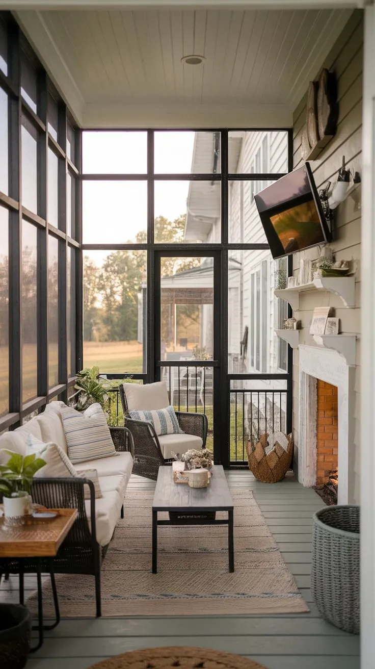 Sunroom perfection: fireplace warmth meets modern comfort.