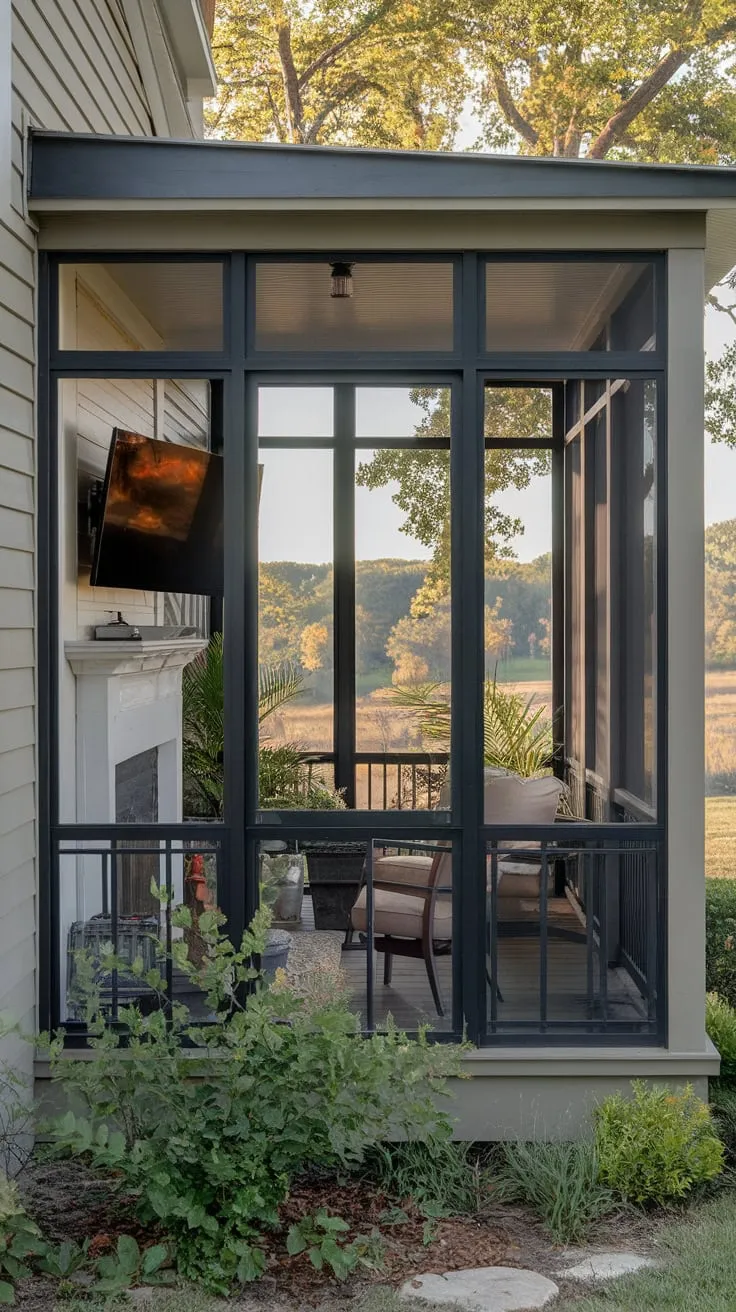 Cozy sunroom vibes: fireplace warmth meets breathtaking views.