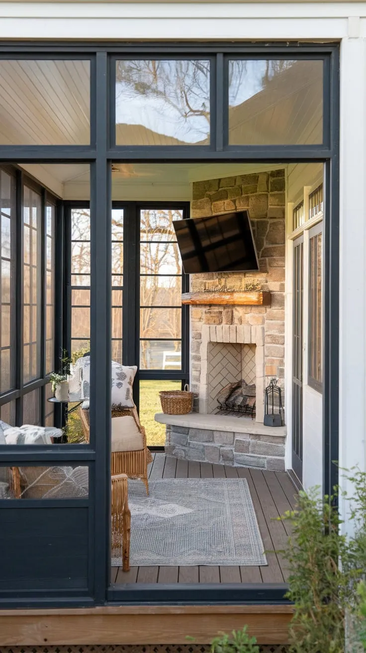 Cozy farmhouse sunroom vibes: fireplace, TV, and total relaxation.