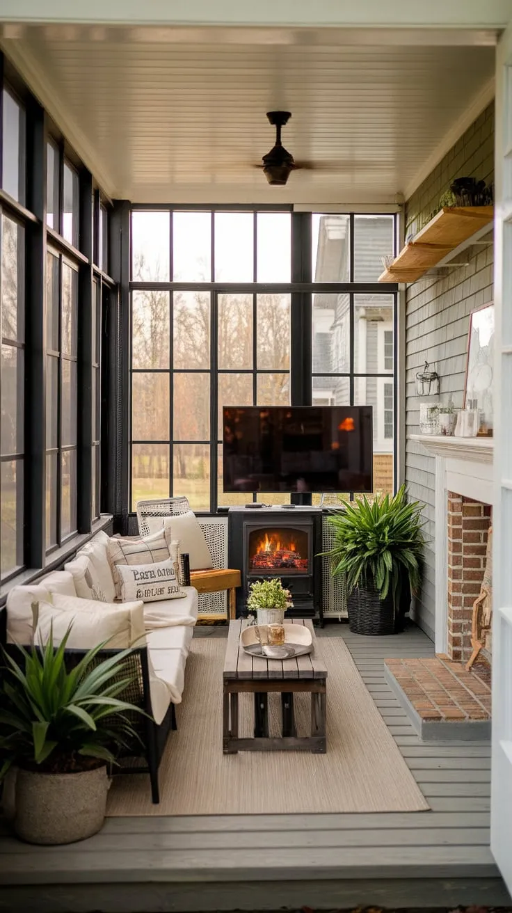 Cozy sunroom vibes, fireplace and all.
